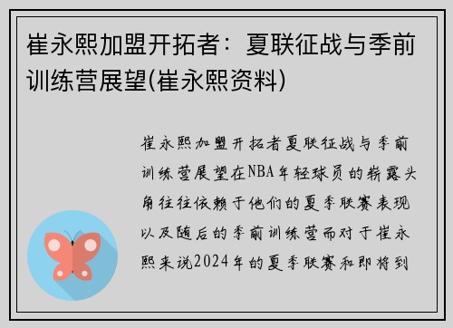 崔永熙加盟开拓者：夏联征战与季前训练营展望(崔永熙资料)