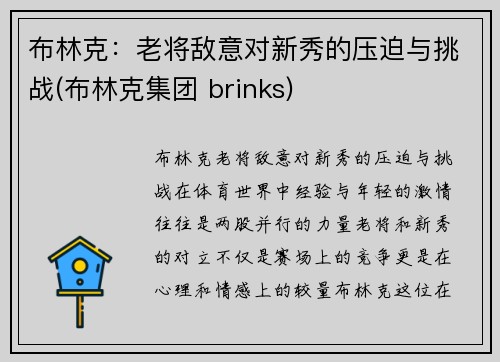 布林克：老将敌意对新秀的压迫与挑战(布林克集团 brinks)