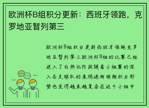 欧洲杯B组积分更新：西班牙领跑，克罗地亚暂列第三