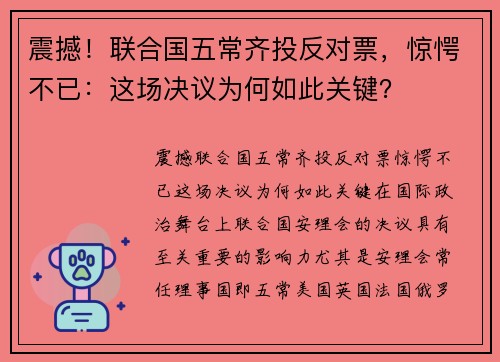 震撼！联合国五常齐投反对票，惊愕不已：这场决议为何如此关键？